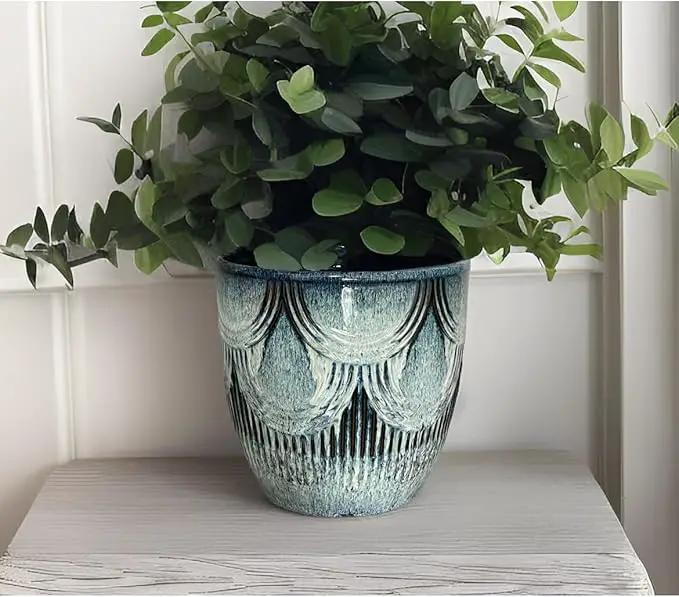 Plant Pots Indoor, Ceramic Planter, 6in Plant Pot, Plant Pots with Drainage Holes and Saucers, Flower Pots for Indoor Plants, Reactive Glaze Blue by GreenHaven Gardens