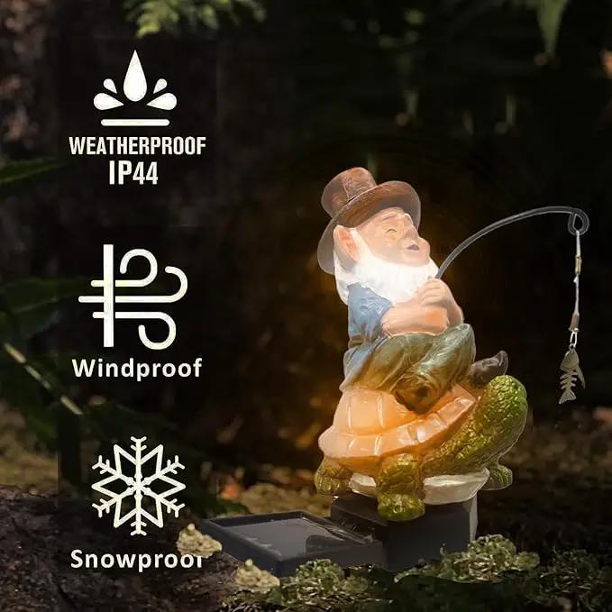 Garden Gnome Turtle solar LED Pond Statue Decoration, Fishing Gnome Turtle Garden Statue Outdoor Koi Pond or Waterfall or lawn Decor,5.3" Gnome turtle Fishing Poolside Statue contains ground insertion by GreenHaven Gardens