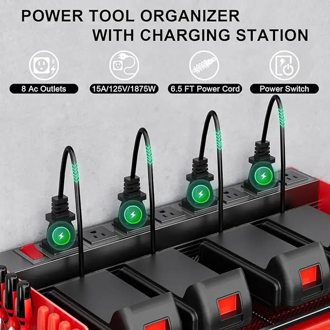 Power Tool Organizer with Charging Station, 6 Drill Holder Wall Mount, 3 Layer Garage Tool Organizer with Hooks, Screwdriver, Drill Bit Rack, Heavy Duty Utility Shelf for Garage, Gifts for Men by GreenHaven Gardens