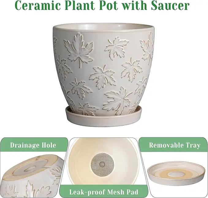 Pots for Plants 10 Inch - Ceramic Planter Large Plant Pot for Indoor Plants Outdoor Round Flower Pot with Drainage Hole and Saucer Home Garden Decor White by GreenHaven Gardens