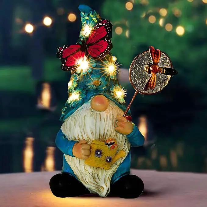 Garden Gnome Statues Outdoor Decor Solar Gnomes with Butterfly on LED Lighted Flowers, Resin Blue Gnomes Sculpture for Patio Yard Lawn Onament Decoration by GreenHaven Gardens