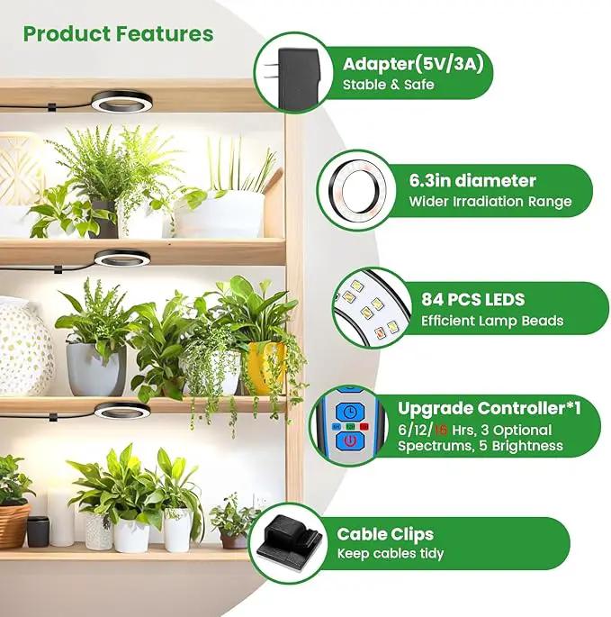 Wiaxulay 6.3” Grow Lights for Indoor Plants, 84 LED Full Spectrum Halo Plant Grow Light, 5V/3A Under Cabinet Growing Lamp with 6/12/16 Hrs, 3 Lighting Mode, 5 Dimmable Levels, Ideal for Indoor Plants by GreenHaven Gardens