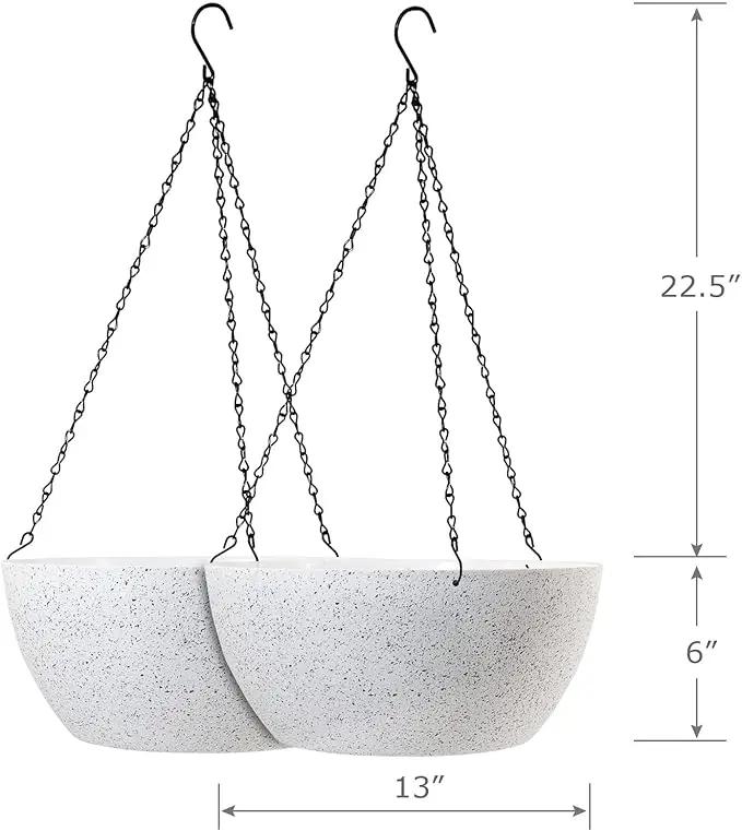 13 inch Large Hanging Planters Plant Pots for Outdoor Indoor Plants with Drainage Holes and Chain, 2 Pack Round Hanging Flower Pots for Garden Home Porch Decor, Speckled White by GreenHaven Gardens