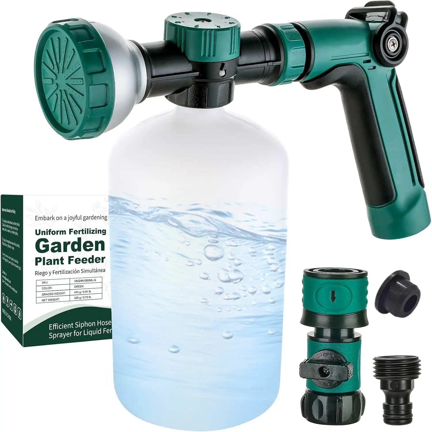 VENETIO 8-Dial Hose-End Sprayer Pro with Quick Connector for Liquid Fertilizer | Lawn and Garden Nozzle Spreader for Uniform Fertilizing, Pet Washing and Outdoor House Cleaning, 34oz Dispenser Bottle by GreenHaven Gardens