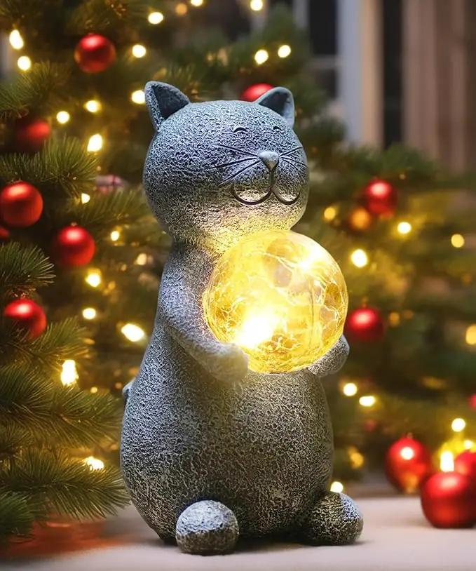 Solar Cat Statue - Garden Decor with LED Lights, Perfect for Mom or Grandma (Gray Cat) by GreenHaven Gardens