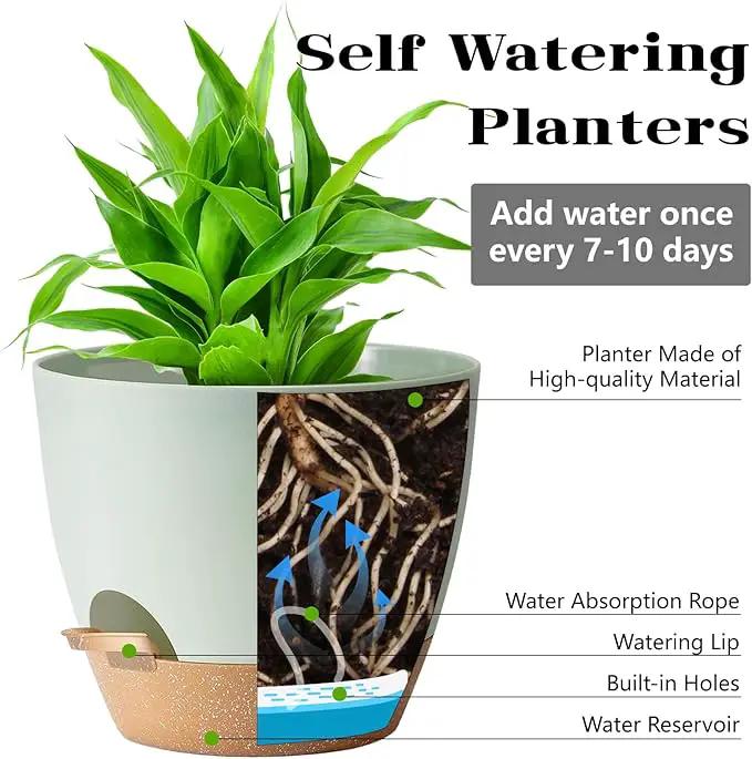 Self Watering Plant Pot with Drainage Hole,Plant Pots Outdoor Flower Pots for Indoor Plants,Modern Green Plastic Self Watering Planters Succulent Pot 7pcs/Set by GreenHaven Gardens