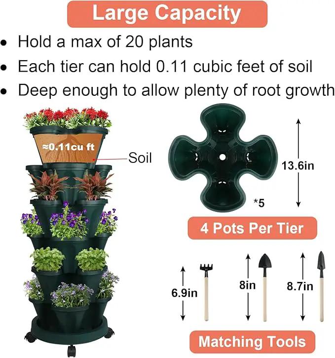 Vertical Planter 6 Tier Stackable Planters Garden Planters Strawberry Herb Flower and Vegetable Planter Indoor Outdoor Gardening Pots with Removable Wheels and Tools 2-Pack by GreenHaven Gardens