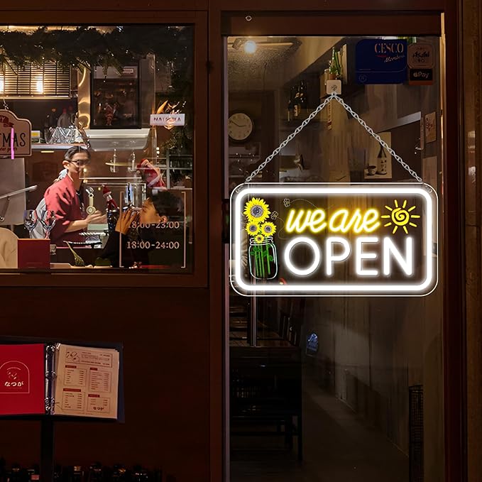 Neon We are Open Signs for Business, 16.5x9'' Open Sign with Printed Flower and Sun, with ON/OFF Switch & Adapter, Daylight White, Ideal for Window, Party, Wall, Bars, Coffee Shops, Salons, Clubs, Hotels by GreenHaven Gardens