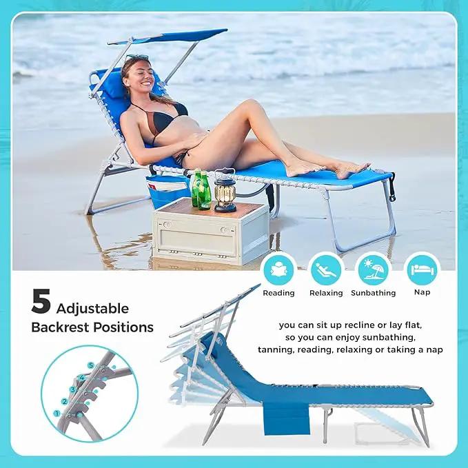 #WEJOY Folding Lounge Chair with Canopy Shade, Portable Adjustable 5-Position Patio Chaise Lounger with Pillow & Storage Pocket for Lay Flat Outdoor Lawn Backyard Beach Camping Pool Tanning (Blue) by GreenHaven Gardens