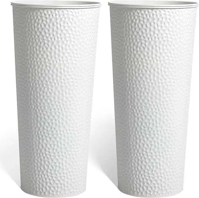 KOL 28" H. Tall Metal Cone Planters with Inner Pots 2-Pack, White Hand-Hammered Large Decor Planter for Deck, Patio, Porch - Handcrafted Flower Pot - with Water Level Indicator - Indoor Outdoor Use by GreenHaven Gardens