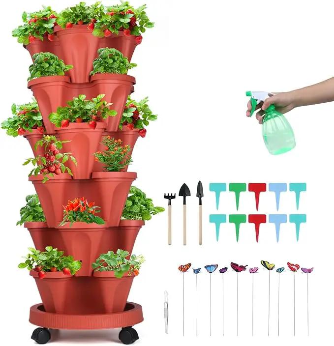 Vertical Planter, 6 Tier Stackable Strawberry Planter with Garden Tool Set, Movable Indoor/Outdoor Garden Herb Pot for Growing Vegetables and Succulents, Red by GreenHaven Gardens