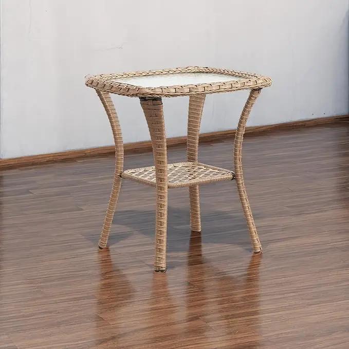 Patio Tables Wicker Side Table - Rattan Coffee Tables with Glass Top End Table for Outdoor Outside Patio Porch Square Yellow by GreenHaven Gardens