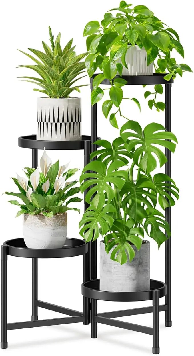 iDavosic.ly 4 Tier Large Plant Stand Indoor with 10 Inch Wide Tray, Tiered Corner Metal Outdoor Flower Display Holder Shelf, Folding Tall Rack for Patio Porch Living Room, Modern Black by GreenHaven Gardens