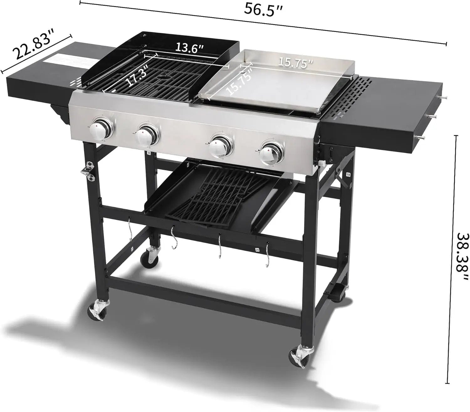 4-Burner Propane Gas BBQ Grill with SS Plancha, 38,200 BTU Output, Wire Enamel Cooking Grids, Foldable Side Table and Hanging Basket, Heavy-Duty Stainless Steel Grill by GreenHaven Gardens