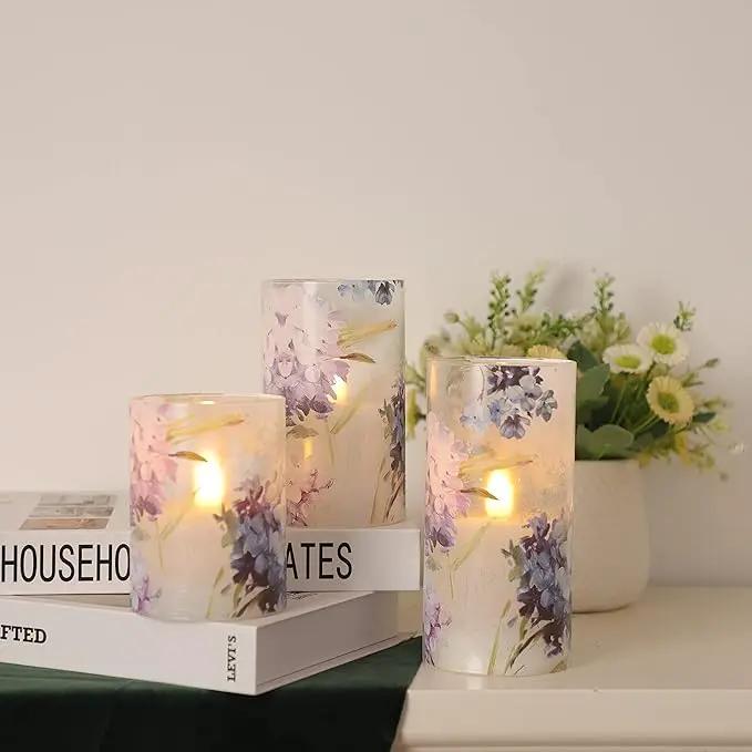 Floral Flameless Candles Decorative Battery Operated with Remote Hydrangea Flowers Romantic Lovers Flickering Pillar Candles for Wedding Tray Centerpiece Home Decor by GreenHaven Gardens