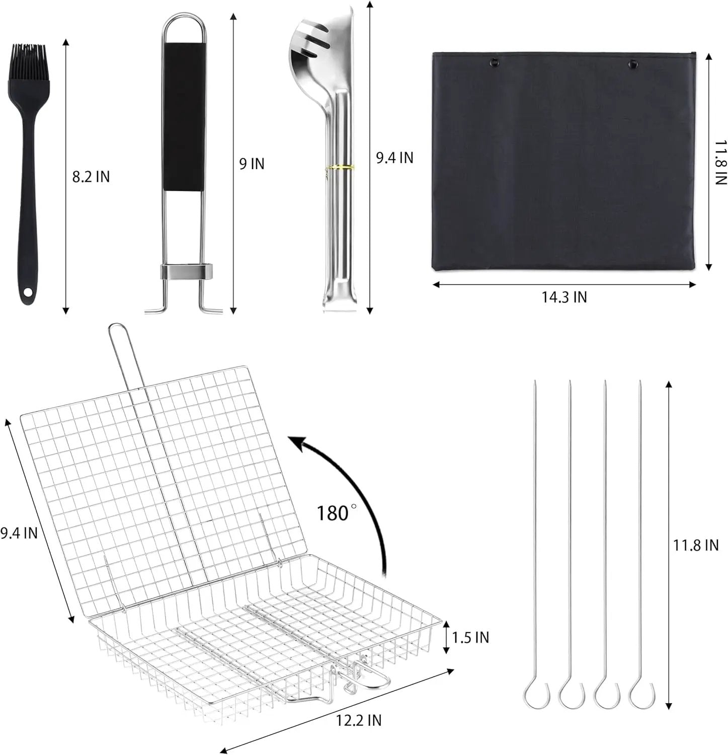 Pleafind Grill Basket Set - 8 PCS, Portable BBQ Grilling Basket with Removable Handle, Stainless Steel Grill Baskets for Outdoor Grill, Includes Silicon Brush, Steel Clip and 4 Skewers by GreenHaven Gardens