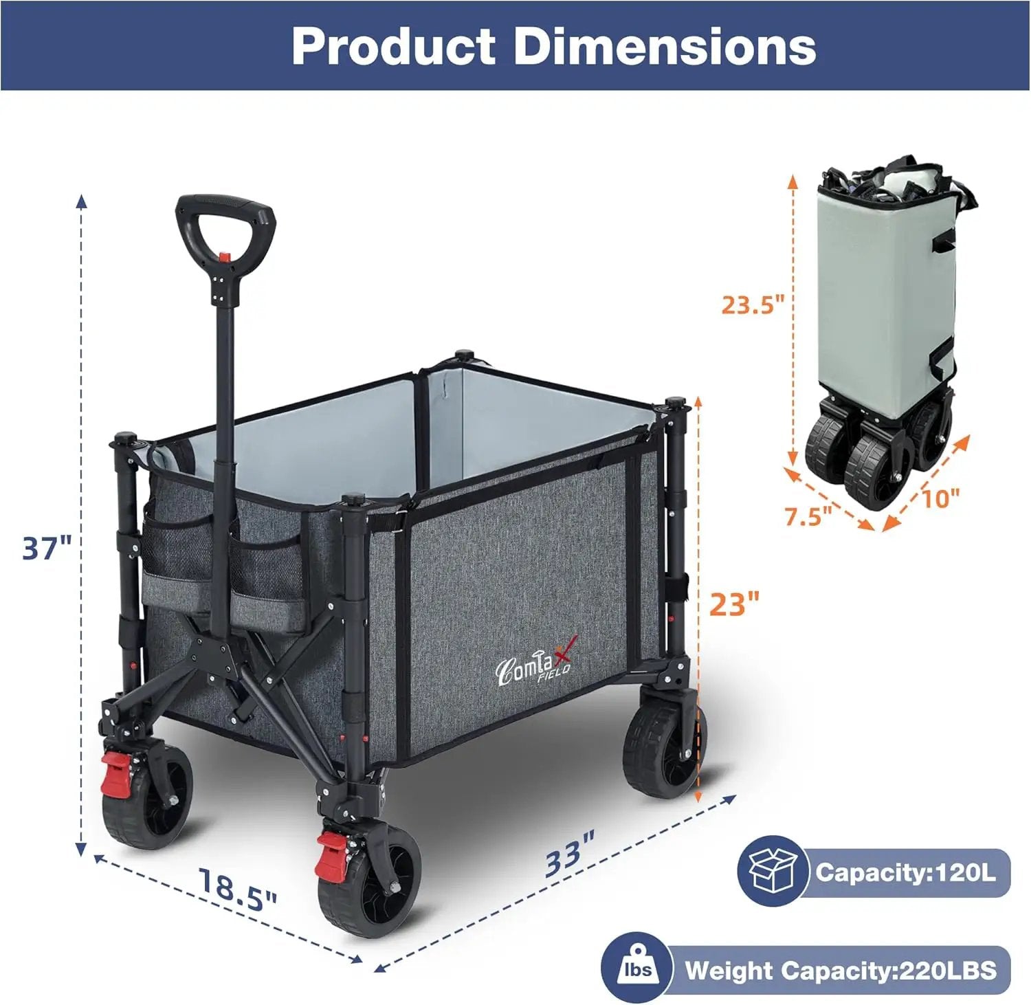 Collapsible Wagon Cart Foldable with Big Wheels Brakes, 250lbs Folding Utility Lightweight Garden Wagon, Portable Grocery Cart for Camping Shopping Sports Pets, Grey by GreenHaven Gardens