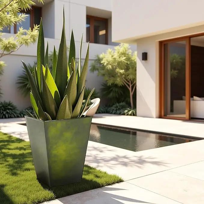 Worth Garden Large Metal Glazed Floor Planter Set of 2-14" Dia x 18" H - Luxurious Glossy Finish Green Tall Square Tapered Steel Plant Pots, Decor Flower Pot Indoor & Outdoor, Drainage Hole by GreenHaven Gardens