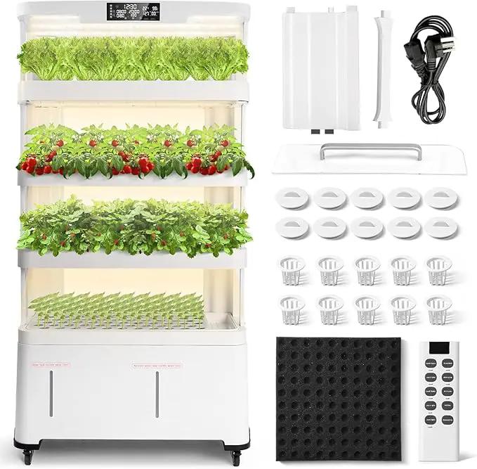 4-Tier Hydroponics Growing System Kit with 130 Pods, Lager Indoor Garden System with LED Grow Light, Automatic Quiet Water Circulation, Food-Grade PP Material Hydroponic Tower for Vegetables by GreenHaven Gardens