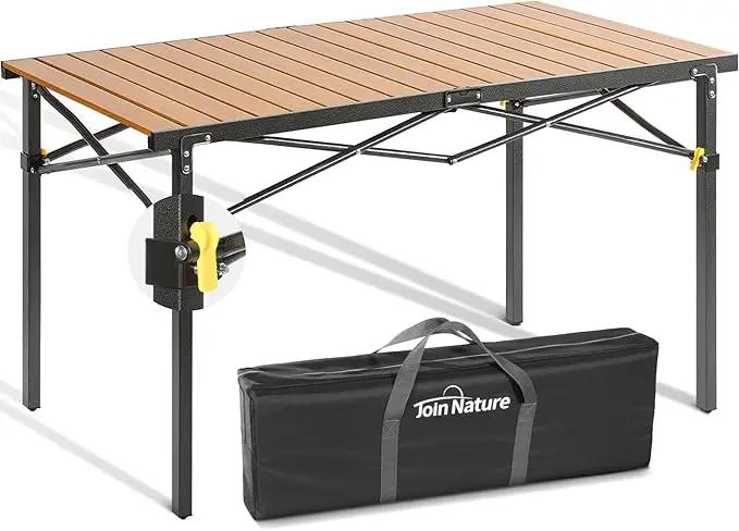 Large 46.4" Camping Table for 2-6 People - 220lbs Capacity Heavy Duty Foldable Outdoor Table with Aluminum Roll-Up Top & Carry Bag, Portable Picnic Desk for BBQ, Tailgating, Backyard (Natural) by GreenHaven Gardens