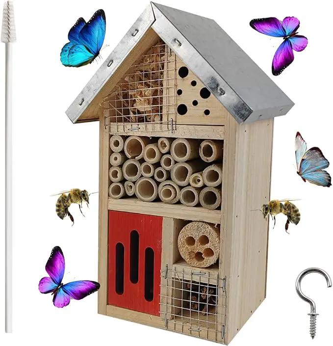 TIHOOD Natural Wooden Hanging Bee House for Gardens Natural Wooden Butterfly Hotel for Bee, Butterfly, Ladybirds, Habitat, Bee Hotel Garden by GreenHaven Gardens