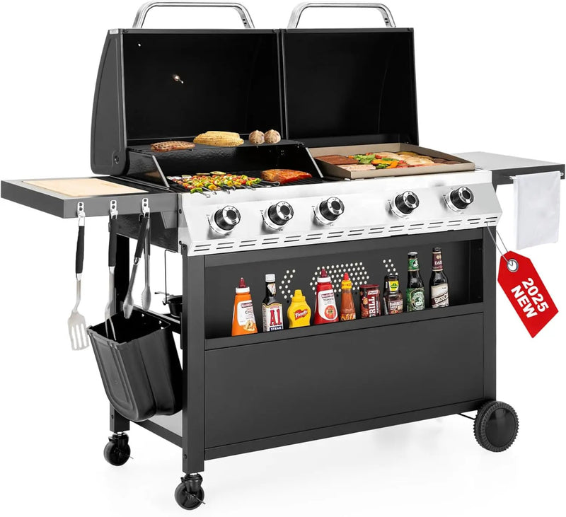 5 Burner Griddle Grill Combo, 2 in 1 Propane Gas BBQ Grill with Porcelain-Enameled Cast Iron Grates & Pan, Outdoor Flat Top Griddle, 695 Sq. In. Propane Barbecue Grill for Patio Backyard Balcony by GreenHaven Gardens