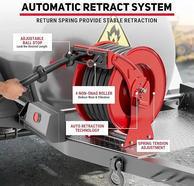 Retractable Diesel Fuel Hose Reel - 1 inch x 33ft Spring Driven Auto Swivel Rewind Hose Holder Reel with Fueling Nozzle, 300 PSI Industrial Steel for Aircraft Ship Vehicle Tank Truck, Red by GreenHaven Gardens