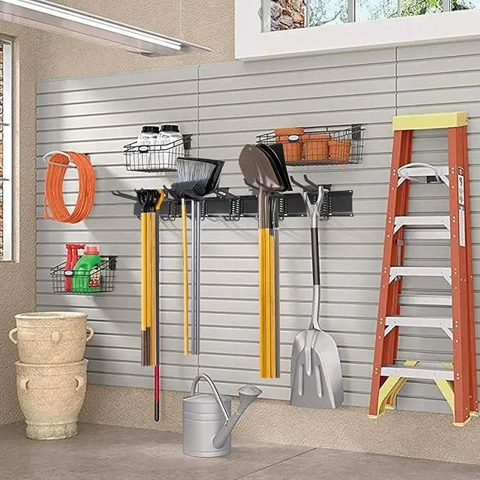 Garage Storage Rack Hooks, 48 Inch Heavy Duty Wall Mount Garage Organization with 3 Rails and 6 Adjustable Double Wall Hooks,Hanging Shelves for Garden Tool/Broom/Mop(Black) by GreenHaven Gardens