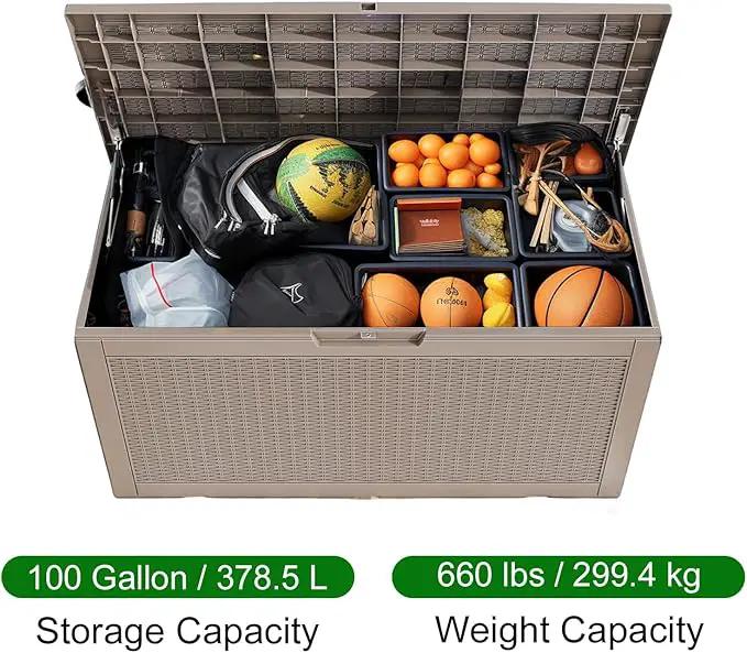 100 Gallon Resin Deck Box, Lockable Patio Outdoor Storage Box for Furniture, Garden Tools and Tools Storage, Waterproof Outside Storage Box - Grey by GreenHaven Gardens