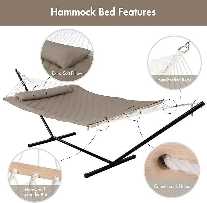 ANOW 2 Person Hammock with 12FT Heavy Duty Steel Stand, Double Rope Hammock with Detachable Pillow and Pad for Outdoors Indoors, 450 LBS Weight Capacity, Light Brown by GreenHaven Gardens