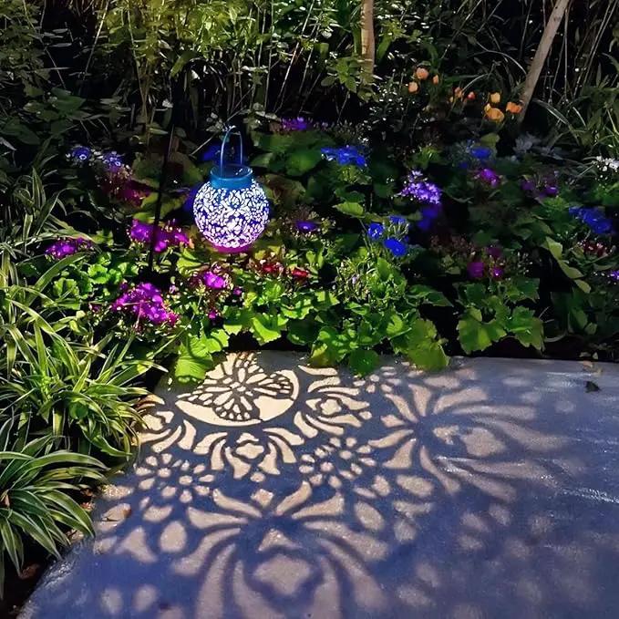2 Pack Outdoor Solar Hanging Lantern Lights Metal LED Decorative Lamp for Garden Patio Courtyard Lawn and Table with Hollowed-Out Design (Royal Purple) by GreenHaven Gardens