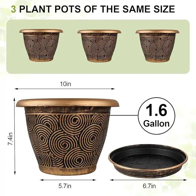 10 Inch Flower Pots Planters for Indoor Outdoor Plants, 3 Pack Plastic Large Plant Pots with Drainage Hole & Tray, Modern Decorative Garden Pot with Saucer, Plant Container for House by GreenHaven Gardens