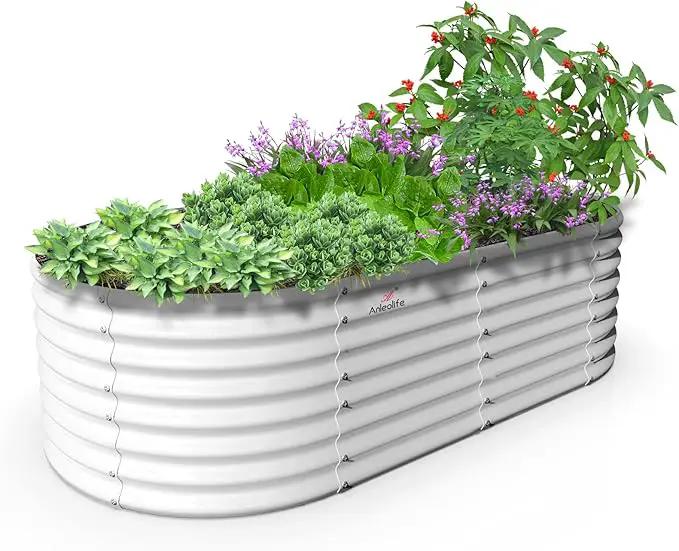A ANLEOLIFE 8X4X2 ft Galvanized Raised Garden Beds Outdoor, Oval Large Metal Deep Root Planter Box for Planting Vegetables Flowers Herb, Anti-Rust & Easy-Setup, Antique White by GreenHaven Gardens