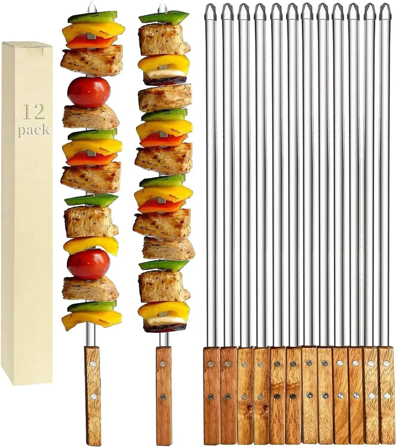 12 Pack Kebab Skewers 23.5 Inch Long Flat Stainless Steel Grilling BBQ Skewer Reusable Barbecue Skewers with Wood Handle,Ideal for Koubideh Persian Brazilian Chicken Shrimp Turkish Shish Kabob by GreenHaven Gardens