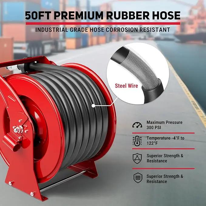 Fuel Hose Reel, Retractable 1" x 50' Extra Long Diesel Hose, 300 PSI Industrial Carbon Steel Diesel Hose Reel Auto Swivel Rewind with Fueling Nozzle for Vehicle Tank Truck Trailer Ship by GreenHaven Gardens