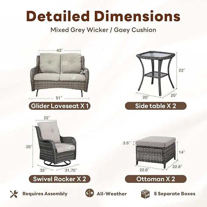 Outdoor Patio Furniture Set - 7 Piece Gray Wicker Conversation Patio Furniture Set All Weather Swivel Chairs with Ottoman and Loveseat Glider Chair for Deck Balcony Backyard by GreenHaven Gardens