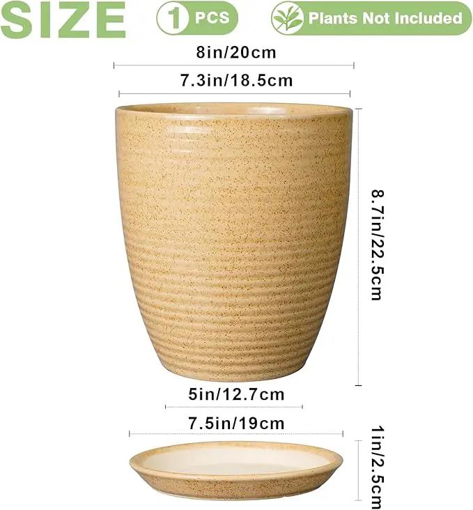 Pot for Plants 8 Inch - Ceramic Planter Indoor Plant Pot with Drainage Hole and Saucer Planter for Outdoor Plants Round Flower Pot for Home Patio Garden Office Decor Yellow by GreenHaven Gardens