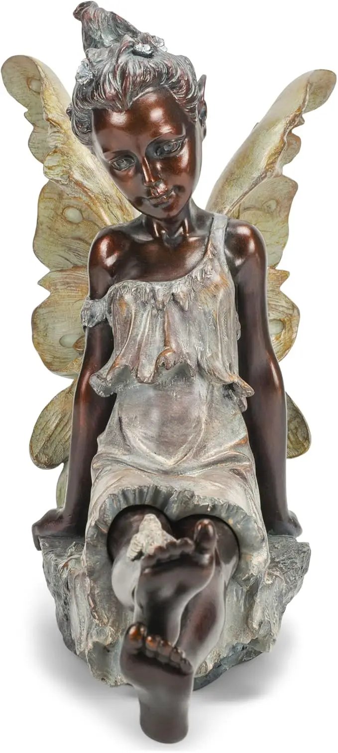 Fairy with Bird Bronze Tone 12.5 x 18 Inch Resin Stone Outdoor Garden Statue by GreenHaven Gardens