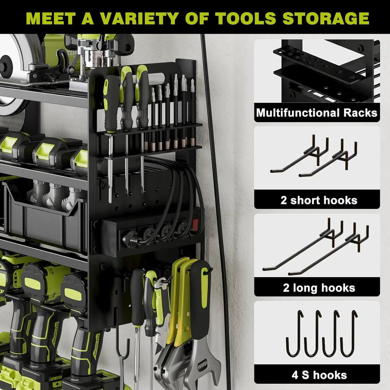 12 Cordless Drill Holder Large Power Tool Organizer Wall Mount with Side Pegboard & Screwdriver Holder, 4-Tier Heavy Duty Metal Tool Storage Rack with 4-Outlet Power Strip by GreenHaven Gardens