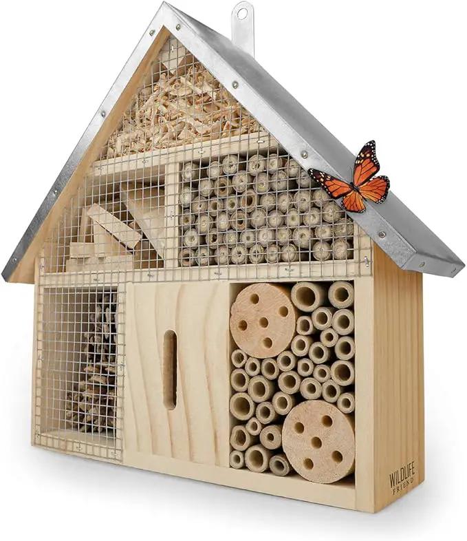 Insect Hotel - Pollinator House and Bug Condo for a Snug Home Outdoors - Garden Habitat for Bees, Ladybugs, and Butterflies - Natural Wood and Metal Construction - 10 x 3X 11 inches by GreenHaven Gardens