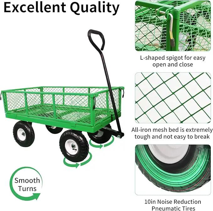 AAIN 600 lbs Metal Garden Cart,Heavy Duty Garden Wagon with Removable Steel Mesh Sides, Utility Yard Cart with 180° Rotating Handle and 10-inch Wheels—Perfect for Gardens, Farms, and Yards, Green by GreenHaven Gardens