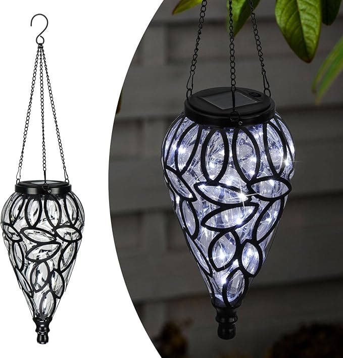 Solar Hanging Lantern Outdoor Lights, Tear-Shaped 15 LEDs Cool White Hanging Lights with S Hooks Decor in Garden, Yard, Pathway, Front Door and Landscape by GreenHaven Gardens