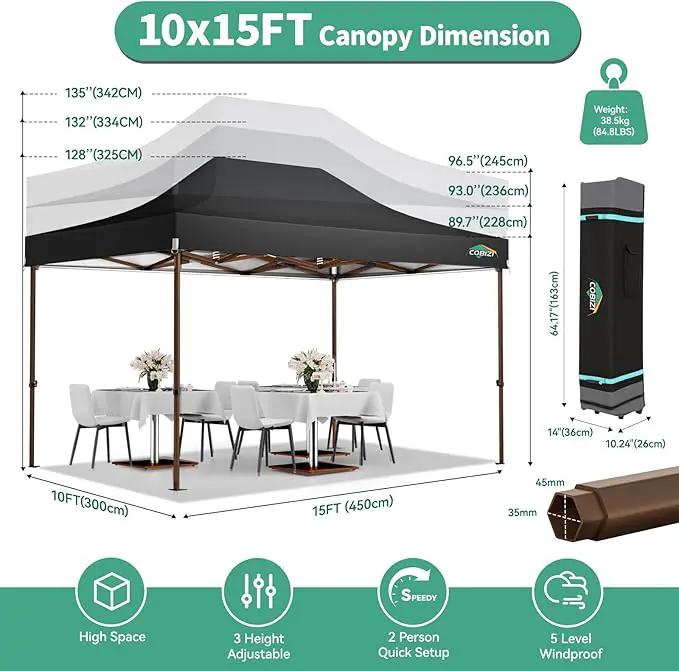 COBIZI 10x15 Pop Up Canopy Tent Heavy Duty Without Sidewall, Commercial Outdoor Easy Pop Up Gazebo for Party Wedding All Weather Waterproof UV 50+ with Roller Bag(Leg Upgraded),Black by GreenHaven Gardens