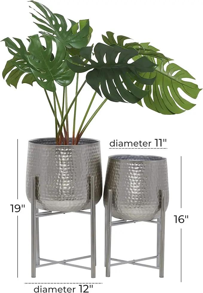 CosmoLiving by Cosmopolitan Metal Indoor Outdoor Planter Hammered Large Planter Pot with X-Shaped Stands, Set of 2 Planters 19", 16"H, Silver by GreenHaven Gardens