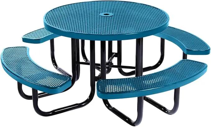 Heavy-Duty Portable Outdoor Picnic Table with Umbrella Hole, Punched Steel Commercial-Grade Patio Dining Furniture Made in America (46" Round Top, Light Blue) by GreenHaven Gardens