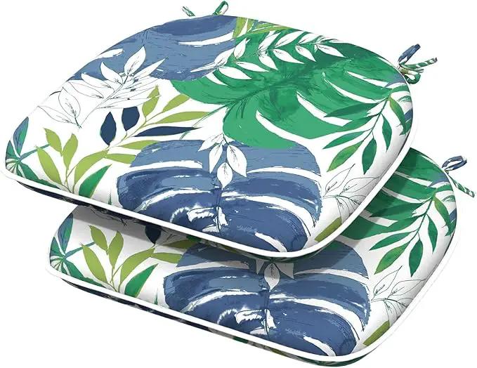 Indoor/Outdoor Chair Cushions 16x17 Inch, Patio Chair Cushions with Ties, All Weather Seat Cushions for Patio Furniture Home Garden Chair Use, Set of 2, Islamorada Blue Green by GreenHaven Gardens