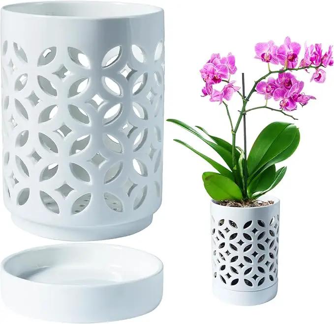 Orchid Pot with Holes & Saucers, Ceramic Pots for Repotting, Breathable Slotted Orchid Pots Flower Plant Nursery Pot White 4 Inch by GreenHaven Gardens