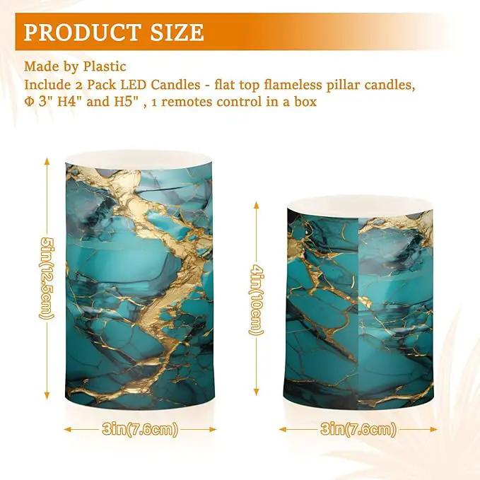 Flickering Flameless Candles, Turquoise Golden Marble LED Candles with Remote Timer, Set of 2 Battery Operated Candle for Valentine Wedding Birthday by GreenHaven Gardens