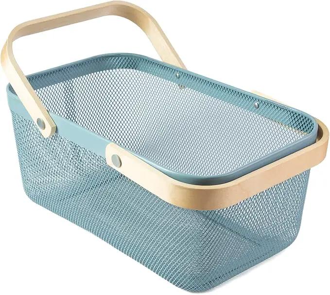 Portable Garden Harvest Basket-Mesh Design Natural Bamboo Handle Wire Storage Baskets,Mesh Basket with Handle Organize Items Reduce Space Occupation,Suitable for Kitchen,Garden,Picnic(Blue) by GreenHaven Gardens
