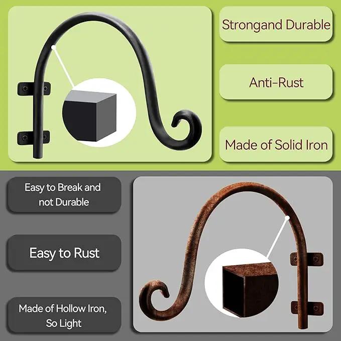 Heavy Duty Hanging Plant Bracket: Outdoor Hand-Forged Hanging Plant Bracket Hook - 8Inch Black Bird Feeder Bracket by GreenHaven Gardens